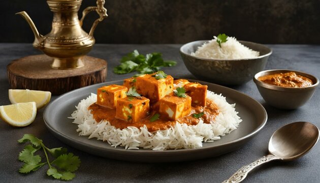 Rice with paneer butter masala on a plate.