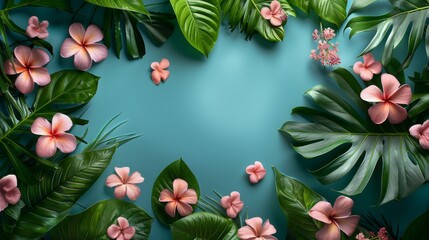 Lush tropical leaves and vibrant pink flowers arranged in a creative flat lay composition on a teal background.