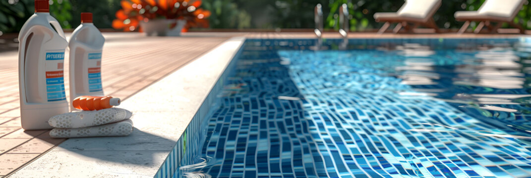 the pool edge in blue mosaic tiles Clear blue water in the pool Relax in the backyard of a country house 