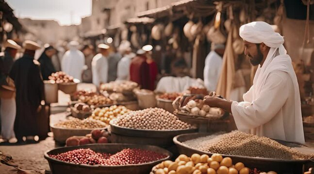 Bustling Ancient Arabian Market with Traders and Barter System