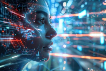 Double exposure of cyber woman face and technology background. 3D rendering.