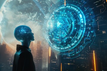 Double exposure of cyber woman face and technology background. 3D rendering.