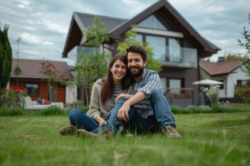 Young happy couple lying on green grass yard in front of new home. 