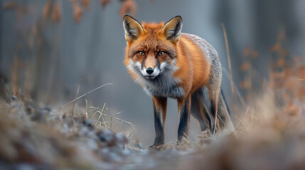 A red fox standing in a field with dry grass, looking directly at the camera.
