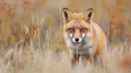 A red fox standing in a field with dry grass, looking directly at the camera.
