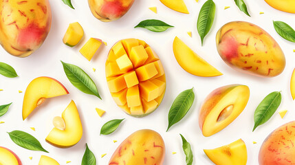 Fresh Mango Fruit and Slices Arranged Artistically on White Background - obrazy, fototapety, plakaty