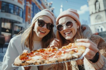 Happy young group female friends enjoying and eating pizza on city street.
