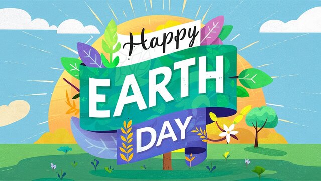 Happy Earth Day banner with creative text, isolated  on white background, Generative ai