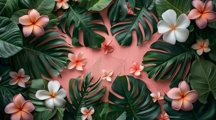 Naklejka premium Elegant tropical botanical frame of green leaves and coral flowers on a soft pink background.