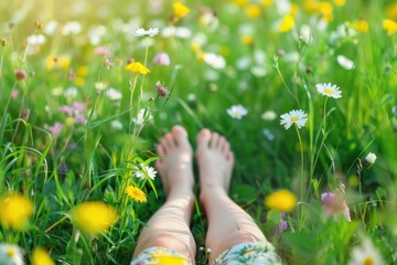 Legs of  girl lying on the spring blooming meadow and flower.