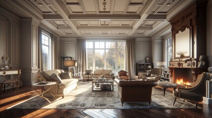 A captivating living room interior featuring gleaming hardwood floors, an intricately designed coffered ceiling, and a roaring fire in the fireplace of a new luxury home