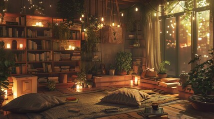 Escape into the tranquility of a cozy summer evening, where the ambiance is set by the soft lighting, the comforting presence of books, and the aroma of freshly brewed coffee - obrazy, fototapety, plakaty