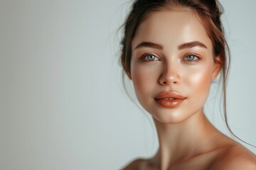 Portrait of beautiful young woman with clean fresh skin, natural make up and manicure.