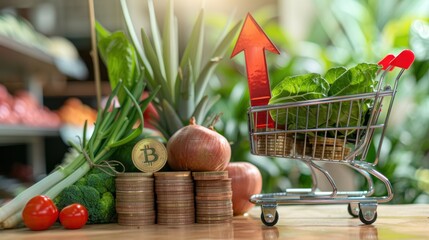 A stack of coins and a shopping cart full of fruits and vegetables on a table background. 