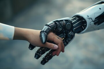 Robot hand holding human hand. Artificial intelligence and machine learning concept.