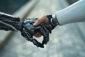 Robot hand holding human hand. Artificial intelligence and machine learning concept.