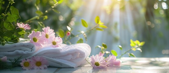 Beautiful spa background with blurred greenery and flowers towel on the table.