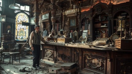 The interior of a pawnbroker's shop, filled with the faded grandeur of forgotten treasures