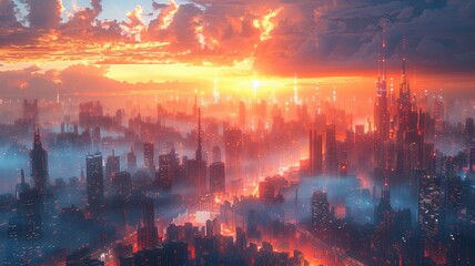 Fototapeta premium Futuristic cityscape, skyscrapers with holographic displays