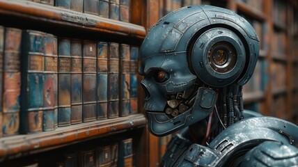 Futuristic AI library, books recommended by artificial intelligence, tailored learning, a robot that is standing in front of a book shelf - obrazy, fototapety, plakaty