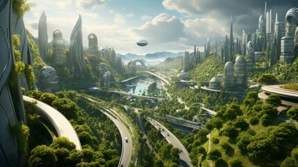 View of futuristic city with greenery and vegetation - obrazy, fototapety, plakaty