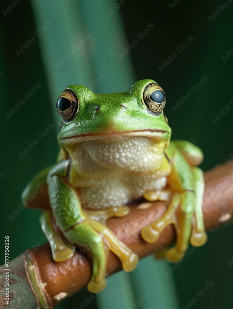 Poster a close up of a frog sitting on top of a branch. generative ai.