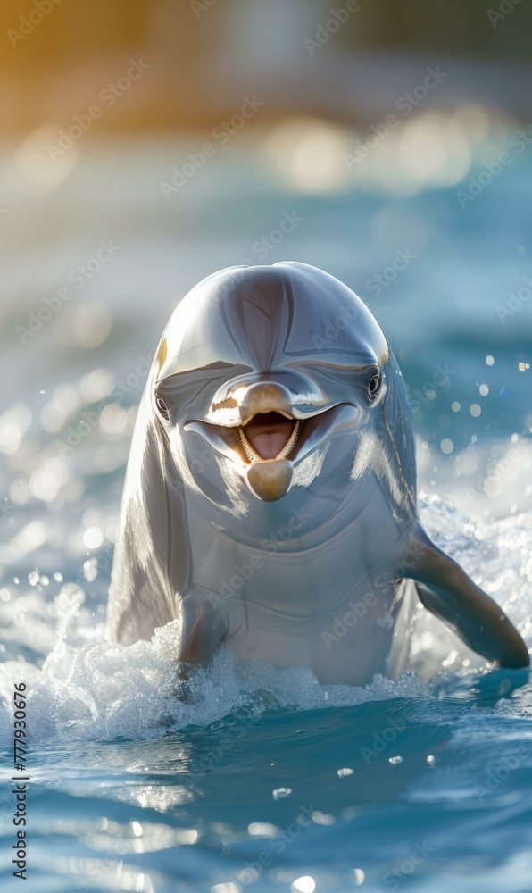 Poster a dolphin is smiling while swimming in the ocean. generative ai.