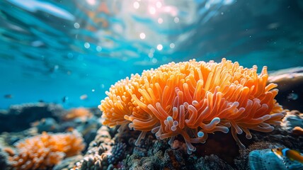 an orange sea anemone on a coral in the ocean