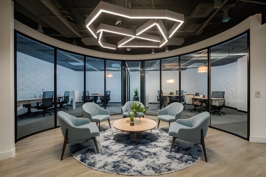 Modern office workspace featuring contemporary furniture and professional ambiance