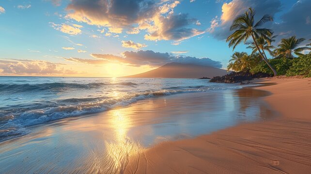 a sunset over the ocean with waves crashing on the beach