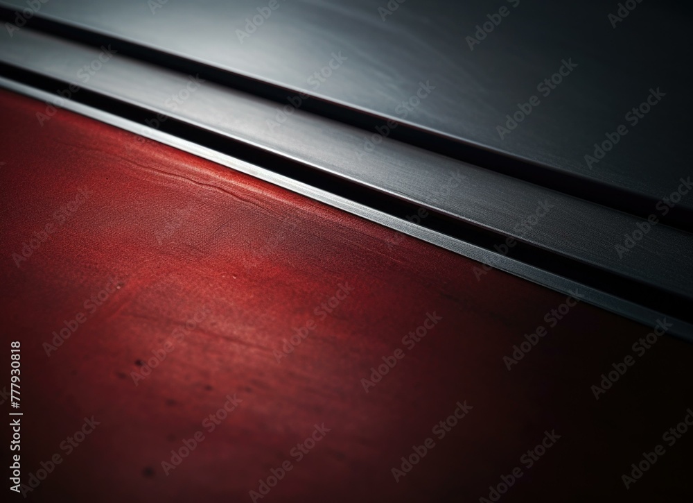 Poster a close up of a red and black surface with some metal. generative ai.