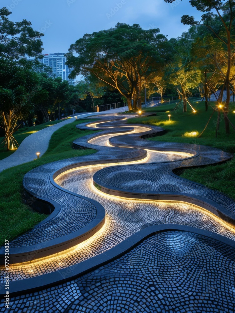 Poster a path of a winding pathway lit up with lights in the park. generative ai.