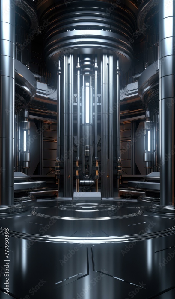 Poster a futuristic room with a large metal structure and some pipes. generative ai.