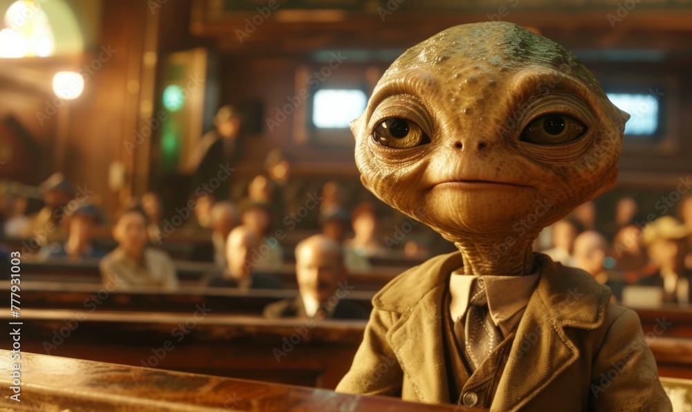 Aufkleber a close up of an alien in a suit sitting at the front row. generative ai.