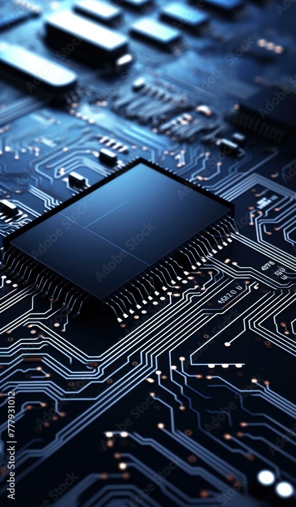 Poster a close up of a computer chip on an electronic circuit board. generative ai.