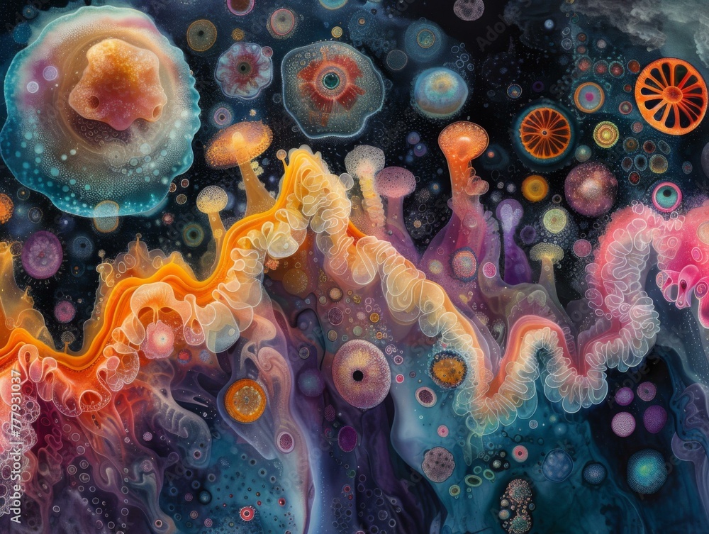 Poster a painting of a colorful abstract image with many different shapes. generative ai.