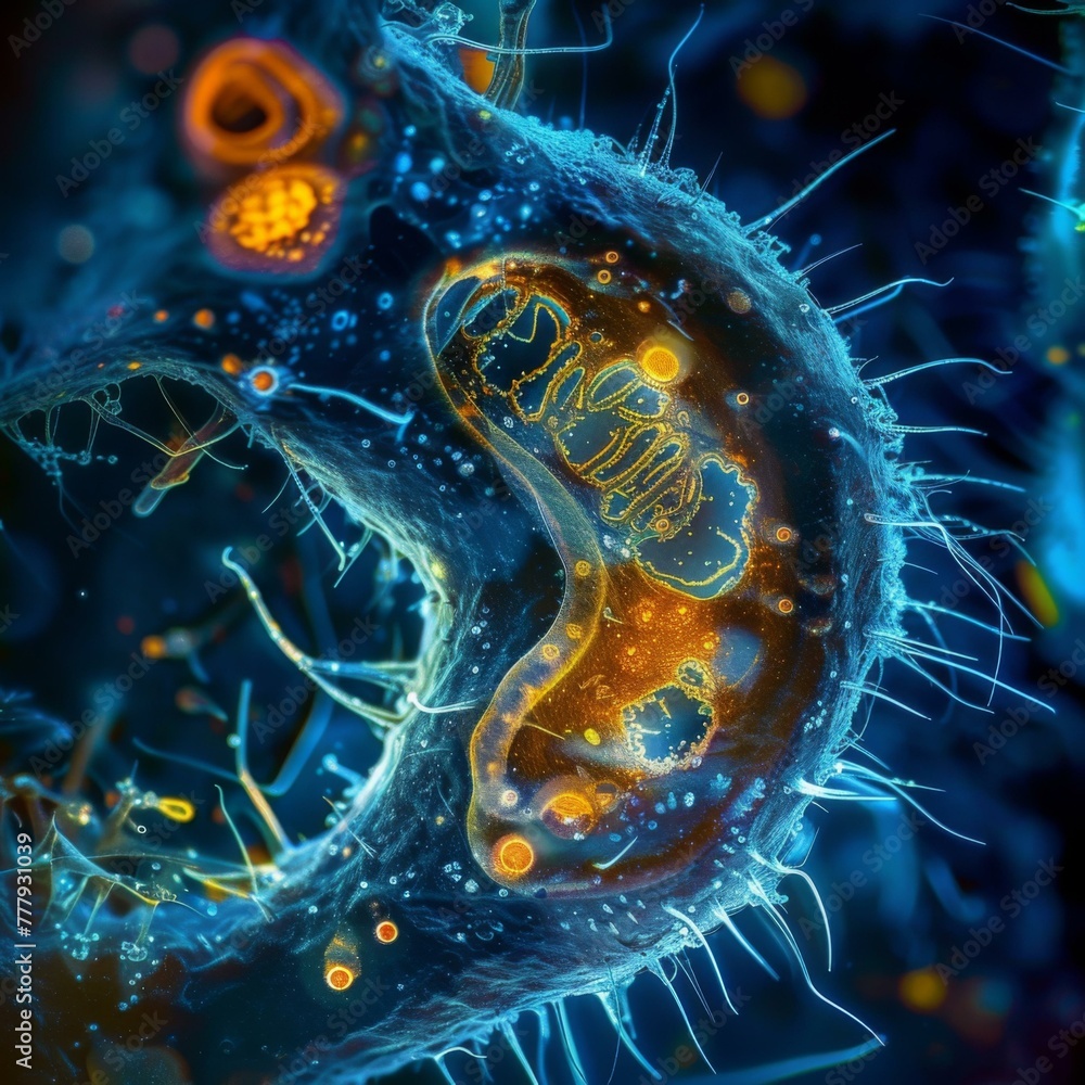 Poster a close up of a cell with some bacteria on it. generative ai.