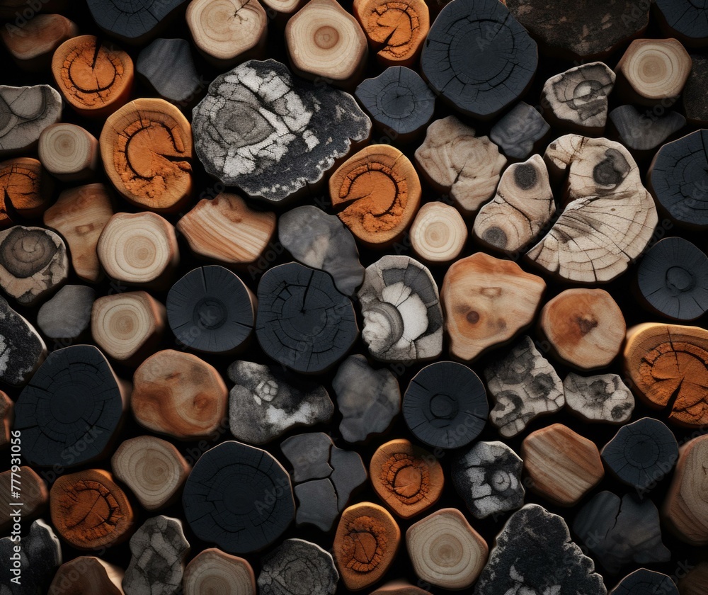 Poster a pile of logs with different sizes and shapes stacked on top. generative ai.