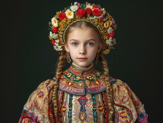 A young girl in a traditional costume with flowers on her head. Generative AI.