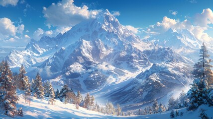 a painting of a snowy mountain landscape