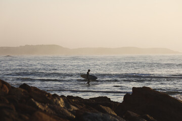 Surfing at sunrise. Picture of a boy ready to go surf in Torquay, Victoria, Australia. Beautiful picture of one surfer with his surfboard in the ocean, cliffs in the background, rocks in the front.
