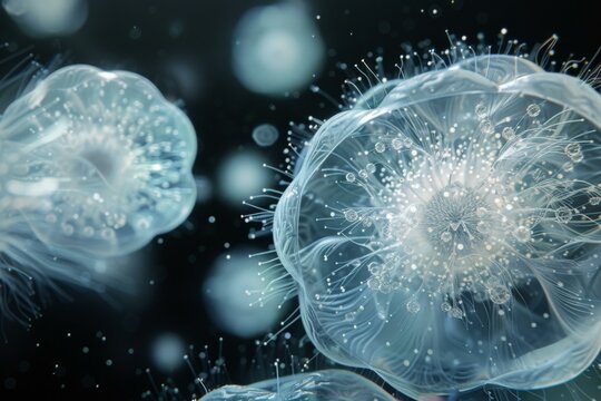 A close up of jellyfish with bubbles and water. Generative AI.