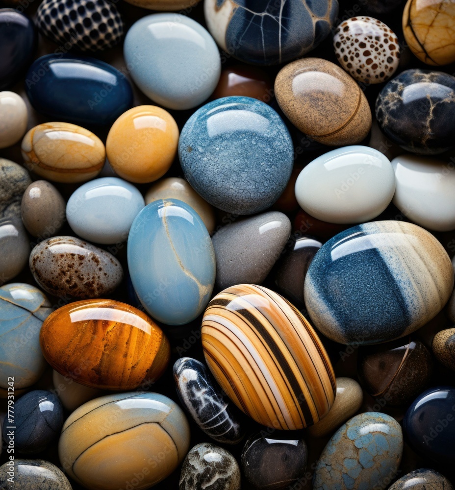 Poster a close up of a pile of rocks and stones with different colors. generative ai.