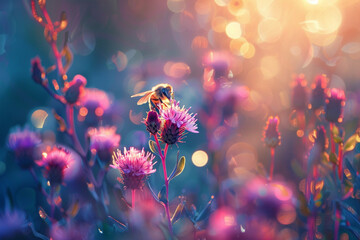 A bee collecting nectar, bokeh - obrazy, fototapety, plakaty