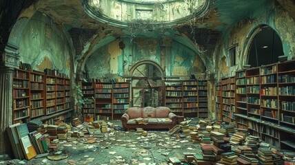 Abandoned station library, books reclaiming space