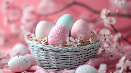 Obraz na płótnie Canvas Simplistic pastel Easter basket filled with geometric eggs