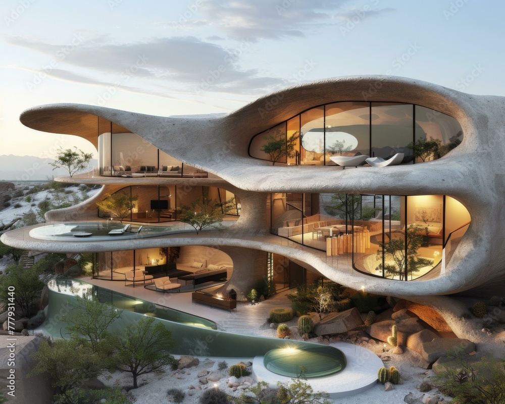 Poster a modern house with a pool and waterfall in the desert. generative ai.