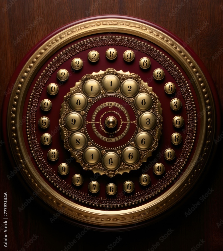 Poster a clock with a red and gold face on the wall. generative ai.