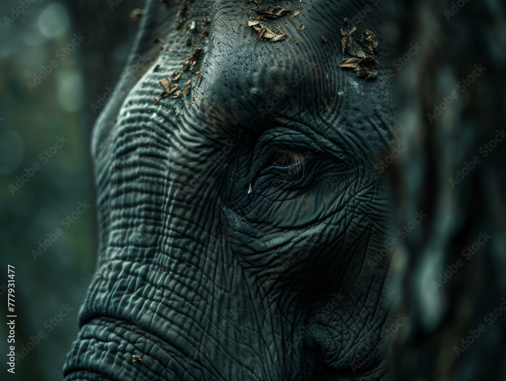 Poster a close up of an elephant's face with leaves on it. generative ai.