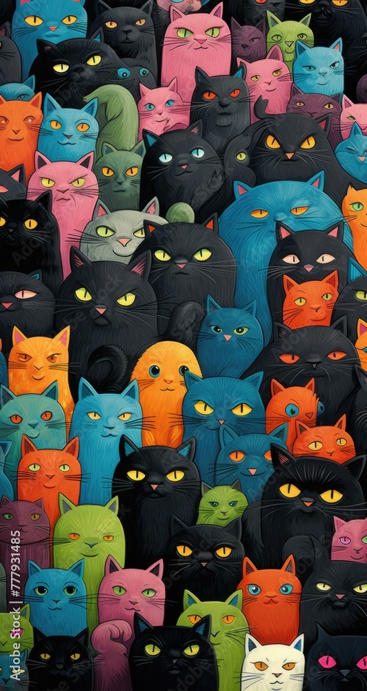 Poster a large group of cats with different colored eyes and ears. generative ai.